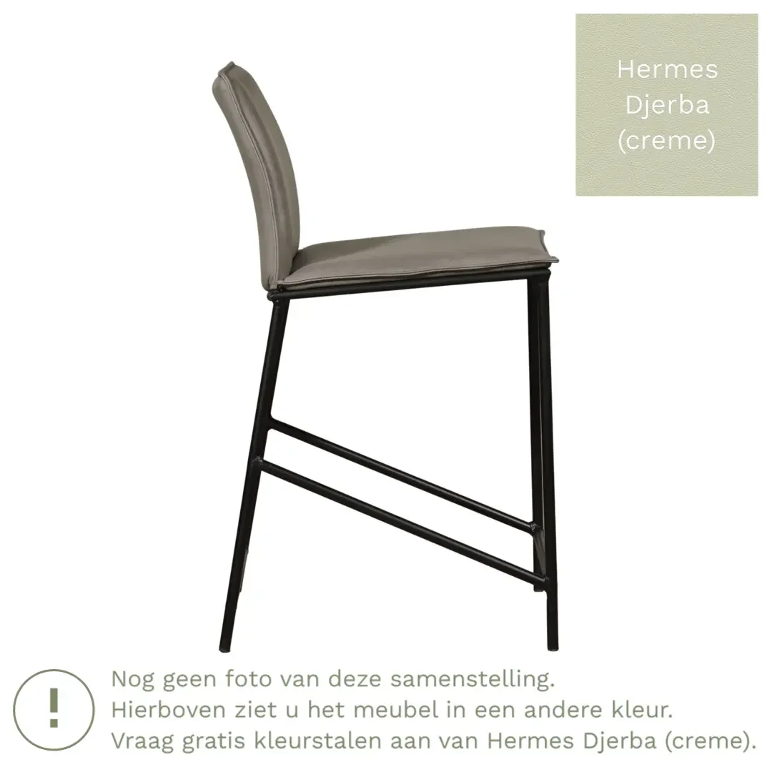 afbeelding van Leren barkruk laag Favor - Hermes Djerba (creme) - poten staal rond zwart